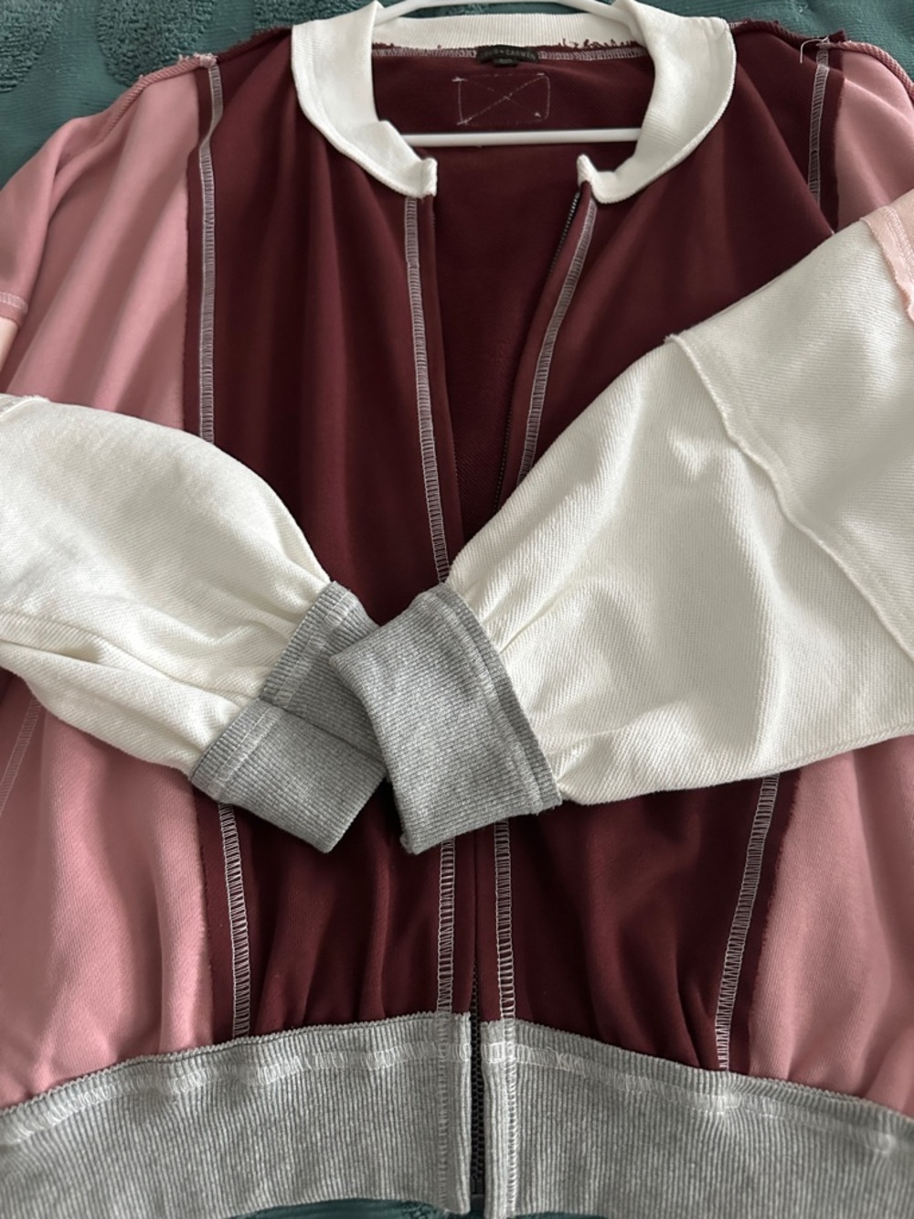 Coco and Carmen Womens Colorblock Bomber sweatshirt - Pink, White & Burgundy S/M